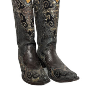 CORRAL Black Sequin Inlay Rhinestone Cowgirl Boots Distressed Sz 10 Pointed Toe